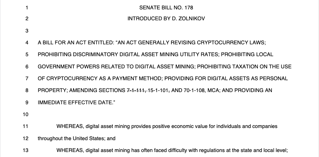 El proyecto de ley de Montana sobre el "derecho a minar" criptomonedas está más cerca de convertirse en ley