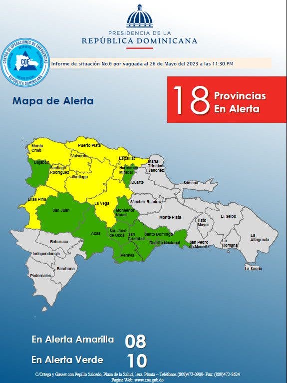 El COE mantiene 8 provincias en alerta amarilla y 10 en verde