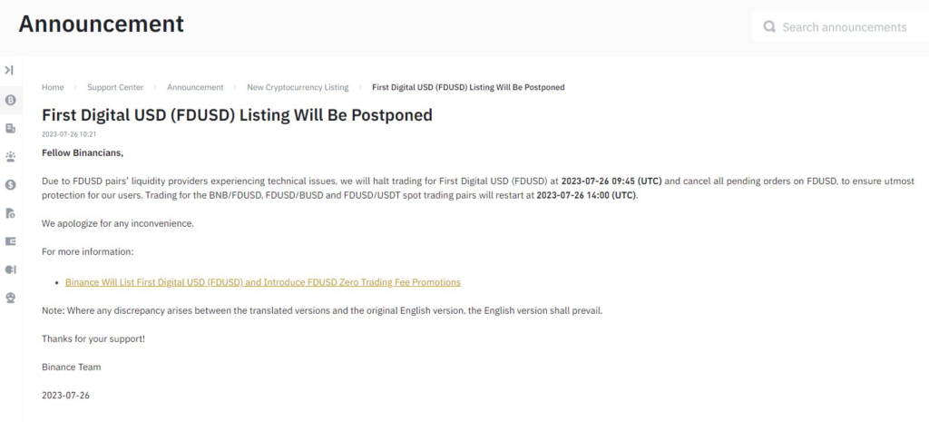 Binance detiene el trading de la stablecoin FDUSD debido a "problemas técnicos"