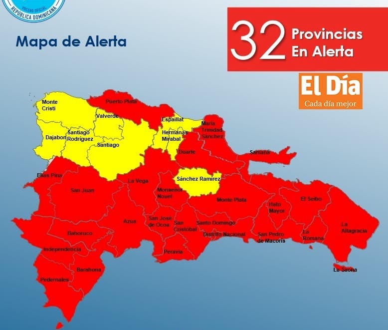 24 provincias en alerta roja y ocho en amarilla por tormenta Franklin