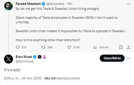 Los trabajadores suecos están participando en "huelgas solidarias" contra Tesla. Y Elon Musk no sale de su asombro