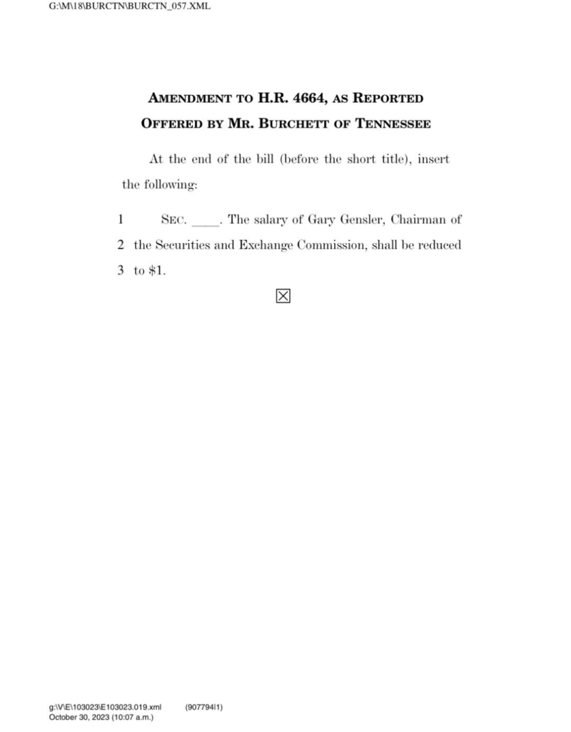 Legislador de EEUU propone bajar a USD 1 el sueldo de Gary Gensler