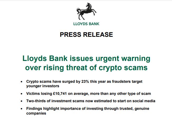 Lloyds Bank: Estafas relacionadas con criptos en el Reino Unido aumentan 23%