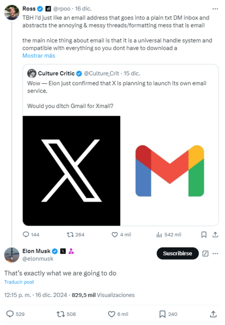 Elon Musk pone sobre la mesa la creación de su propio Gmail. Plantarle cara quizá sea más complicado